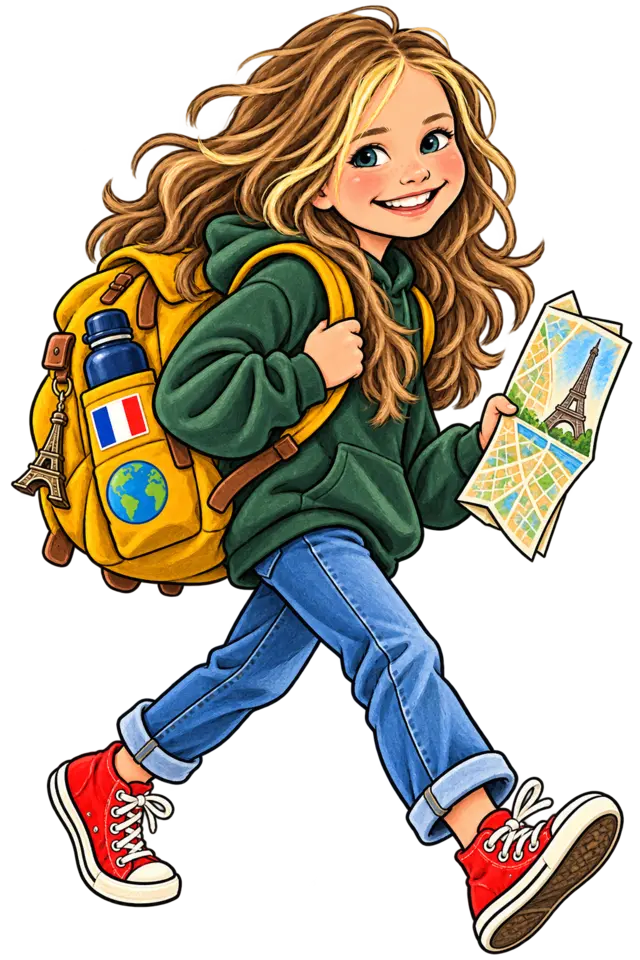 Cartoon Emma setting off for Paris with her backpack and map